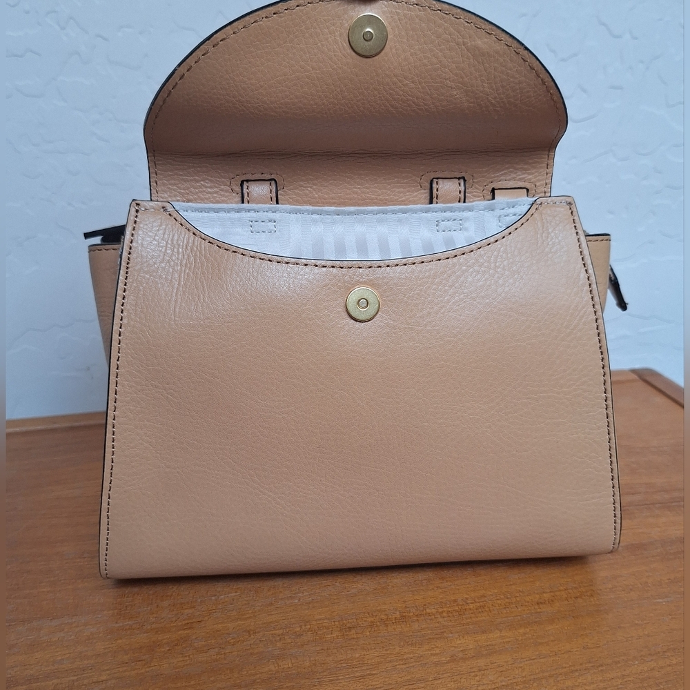 Kate Spade Tan Leather Satchel Crossbody Structured Trapezoid Camel Neutral NEW - Picture 8 of 15